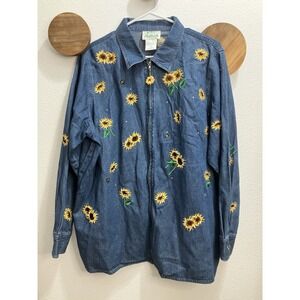 The Quaker Factory Denim Embroidered Sunflowers & Bees‎ Jacket Size 1X